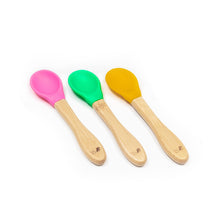 Load image into Gallery viewer, Baby Bamboo Weaning Spoons - Set of 3 - Pink, Green &amp; Yellow
