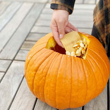 Load image into Gallery viewer, Person cleaning out a pumpkin with a bamboo pot scraper on a wooden surface
