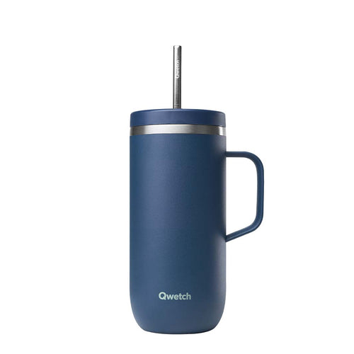 Qwetch blue insulated mug with handle and straw on a white background | Little Twidlets