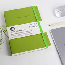Load image into Gallery viewer, Vent for Change make a mark Recycled-Leather-A5-Lined-notebook-Green | Little Twidlets
