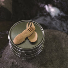 Load image into Gallery viewer, Wooden fork and spoon set / spork on a lunch box with a natural background | Little Twidlets
