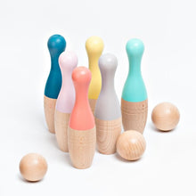 Load image into Gallery viewer, Wooden Bowling pins for play outside, indoor play for children. Eco friendly Little Twidlets
