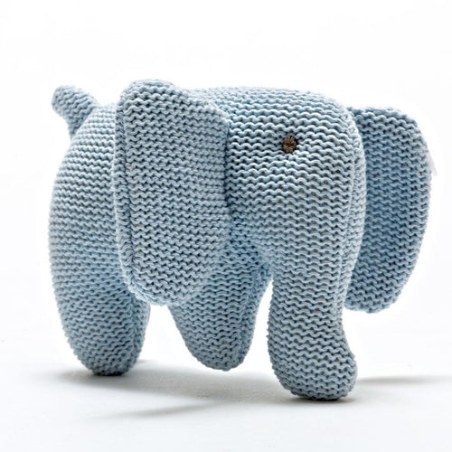 Knitted Organic Cotton Elephant Baby Rattle - Blue