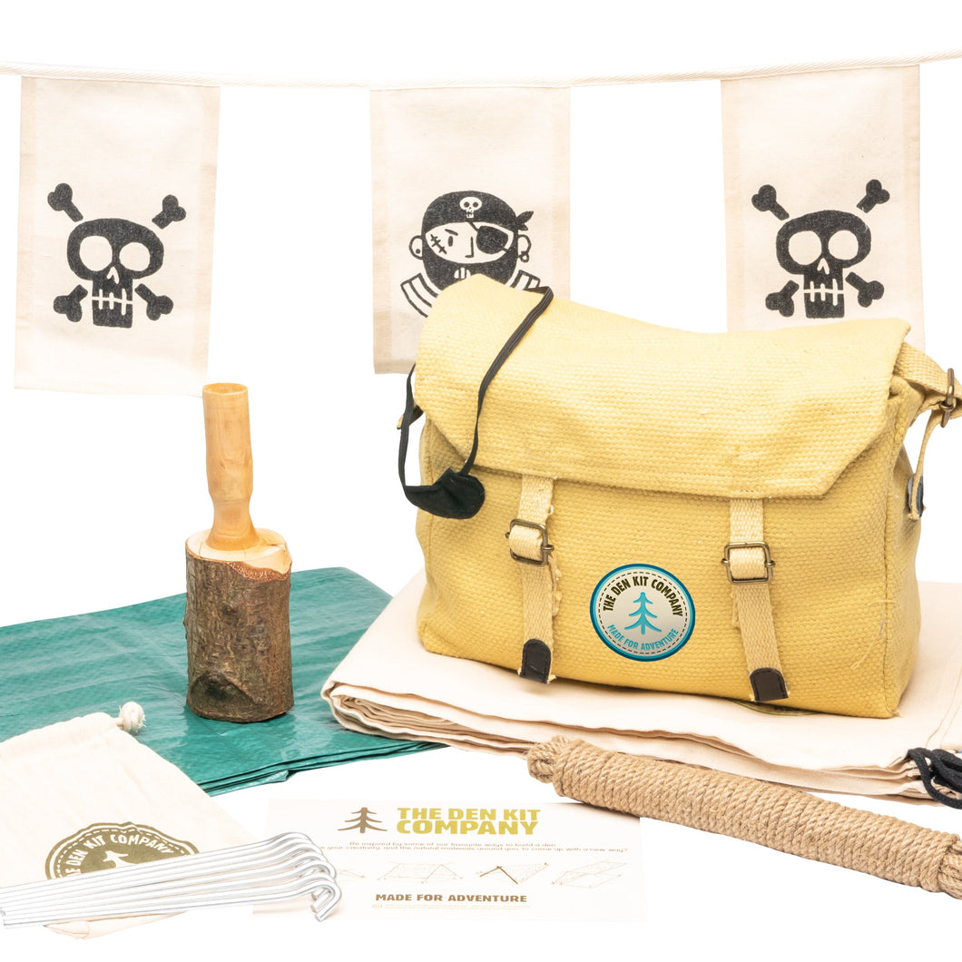 Den Kit open bag, real tools. Pirate flags, locally made mallet. Little Twidlets
