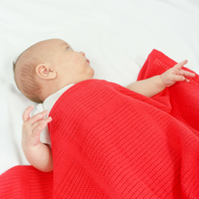 Load image into Gallery viewer, Bright Bots Cotton Cellular Blanket Little Twidlets newborn baby in red blanket 
