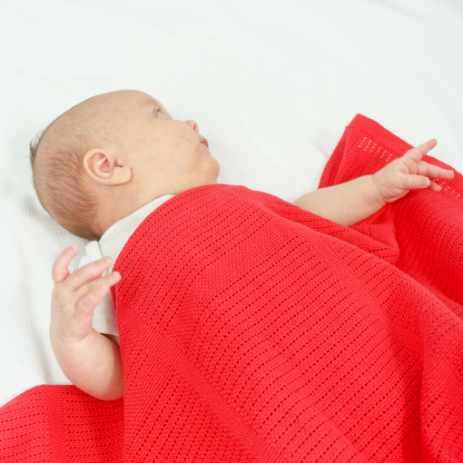 Bright Bots Cotton Cellular Blanket Little Twidlets newborn baby in red blanket 