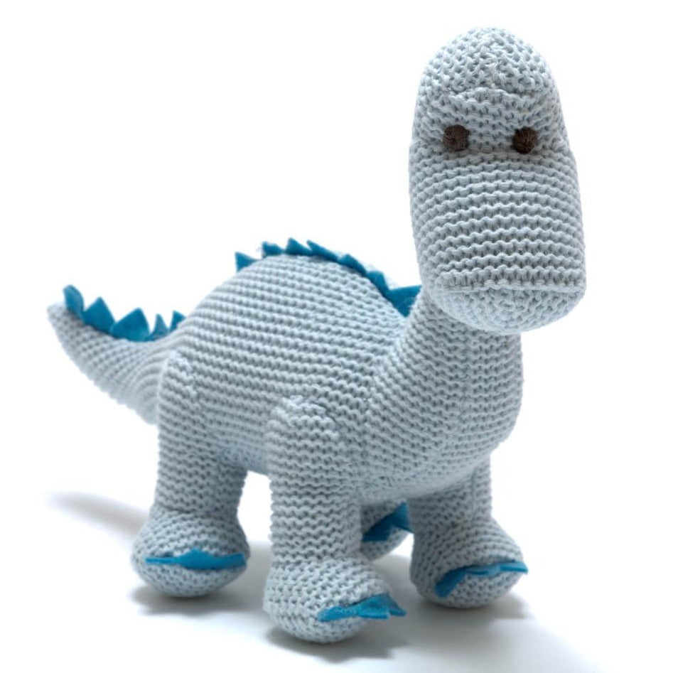 Knitted Organic Cotton Diplodocus Dinosaur Baby Rattle - Blue | Little Twidlets