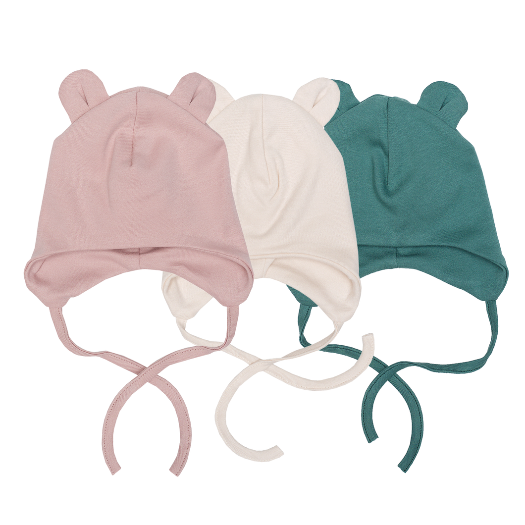 Wooly Organic Baby Hat with Ties and Teddy Ears (0-3 Months) | Little Twidlets 
