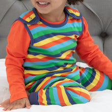 Load image into Gallery viewer, Piccalilly Dungarees for kids and children - Rainbow Stripe on child.  Little Twidlets
